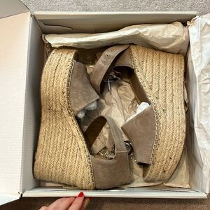 Marc Fisher Alisa Wedges, Never Worn, Taupe Suede, Size 8.5
